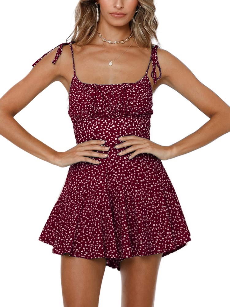 Jeanewpole1 Womens Summer Spaghetti Strap Jumpsuit Casual Flower Printed Beach Short Romper Wine Red - Image 1